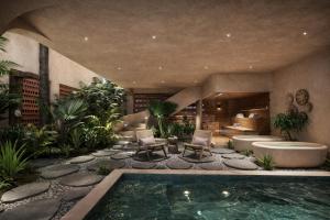 a house with a swimming pool and a living room at Casa Joseph Troncones - Adults Only in Troncones