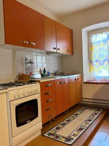 a kitchen with a white stove top oven next to a window at Residenza Dei Castelli in Coredo