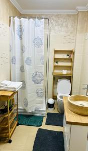 a bathroom with a shower with a toilet and a sink at Nicotel in Turda +11 photos