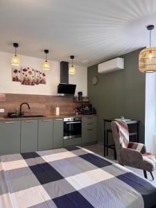 a kitchen with a table and a couch and a chair at 105 - Voiron centre - DeTassigny in Voiron