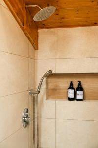 two bottles of soap sitting on a shelf in a shower at Epi tis Stigos in Kalavrita +30 photos