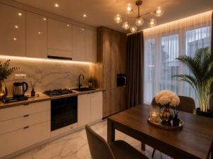 a kitchen with a wooden table and a dining room at Апартаменти VIP in Ternopil