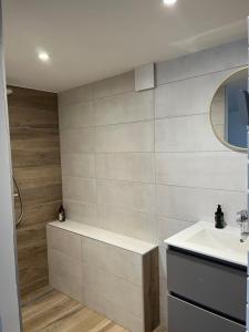a bathroom with a sink and a bath tub at Les champs étoilé in Morschwiller
