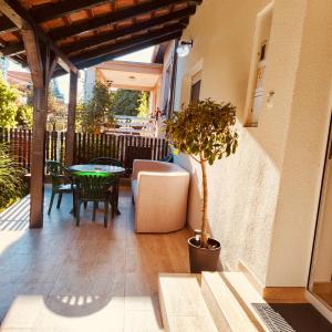 a patio with a table and chairs and a potted plant at Zaga Bloom Apartment in Banja Koviljača