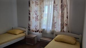 a bedroom with two beds and a window with curtains at Zgona in Livno