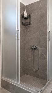 a shower with a glass door in a bathroom at Azalea Guesthouse in Andros +15 photos