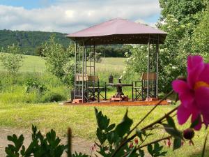 a gazebo with a picnic table in a field at Ferienwohnung am Ellerbach in Hessisch Oldendorf