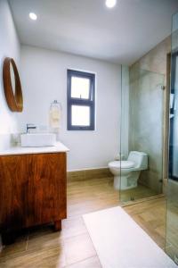 a bathroom with a sink and a toilet and a glass shower at Luxury Oceanview Condo Rooftop Infinity Pool in Las Terrenas +16 photos