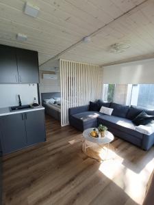 a living room with a blue couch and a table at Tiny house aan het water op de appelhof in Wommels