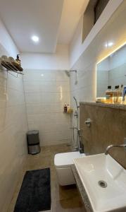 a bathroom with a sink and a toilet and a mirror at Hotel Surya Palace - Durg Railway Station in Durg