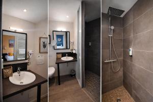 two pictures of a bathroom with a sink and a shower at Hôtel de Bretagne Dol centre ville - Hotel et Restaurant in Dol-de-Bretagne +58 photos
