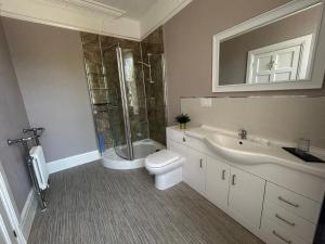 a bathroom with a toilet and a sink and a shower at The Westbourne Guest House in Llandudno +20 photos