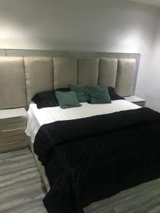 a bedroom with a large bed with green pillows at Sandvica Luxe Homes in Port Harcourt +24 photos