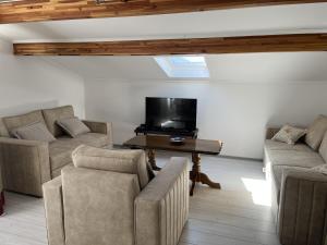 a living room with couches and a flat screen tv at Villa Milovic, appartements les pieds dans l'eau! in Radovici