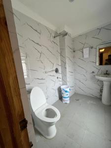 a white bathroom with a toilet and a sink at Snow Den hostel in Leh +22 photos