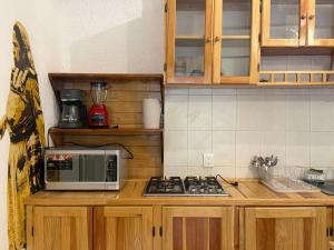 a microwave sitting on top of a kitchen counter at Suites Xico Oaxaca in Oaxaca City
