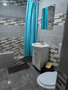 a bathroom with a toilet and a sink and a shower at Cazare Adda Body in Corbu +5 photos