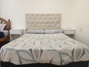 a bedroom with a large bed with a large headboard at Depto Manzur in Villa Mercedes