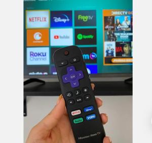 a person holding a remote control in front of a tv at Estudio #4 a 5 min del malecon in La Paz
