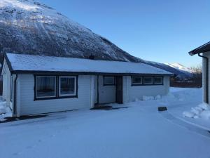 a house with a thatched roof in the snow at Polar Hotel Oteren in Oteren