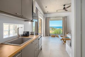 a kitchen with a sink and a view of the ocean at Gray and Blue in Andros