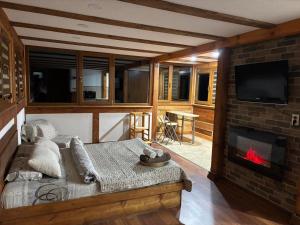 a room with a fireplace and a bed and a tv at Guesthouse Classic in Dospat