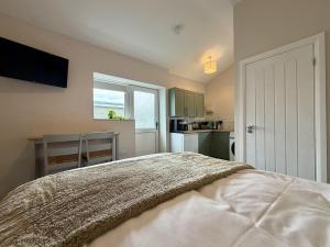 a bedroom with a large bed and a kitchen at The Den- Cosy Studio in Dowlais