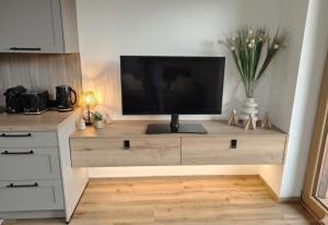 a tv sitting on top of a wooden entertainment center at Residence Marianka in Albrechtice v Jizerských horách +84 photos