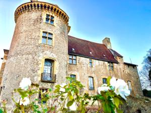 a large brick building with a tower on top of it at Chateau d Albon - Catherine de Medicis in Saint-André-dʼApchon