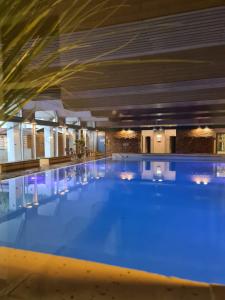a large swimming pool with blue lighting in a building at Ferienwohnung Kamerer in Bad Harzburg