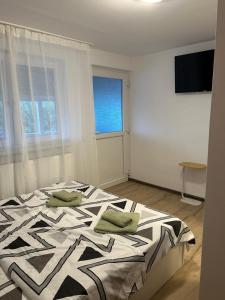 a bedroom with a bed with two pillows on it at Raisa in Ocna Sibiului