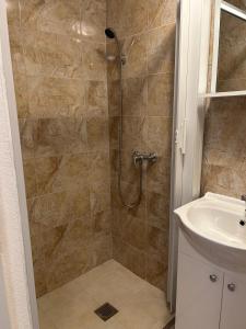 a bathroom with a shower and a sink at Raisa in Ocna Sibiului