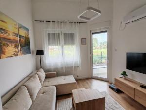 a living room with a couch and a tv at Apartman Petkov in Palić
