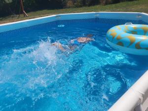 a person in a swimming pool with a ball and an inflatable at Aki Land in Velika Ivanča