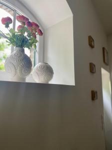 two vases sitting on a window sill with flowers at Seeidyll an der Wublitz in Werder