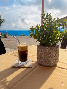a cup of coffee sitting on a table with a potted plant at ST-Home in Loutsa