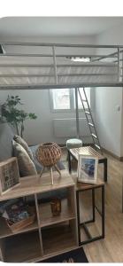 a room with a loft bed with a couch and a table at Studio Cosy Ax-les-Thermes Centre in Ax-les-Thermes