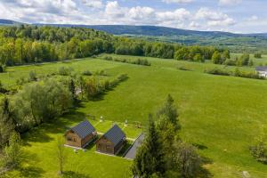an aerial view of a house in a field at Domki Skitnica in Mirsk