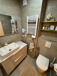 a bathroom with a sink and a toilet and a mirror at French Riviera Chic Cocoon - pool, beach, parking in Antibes +6 photos