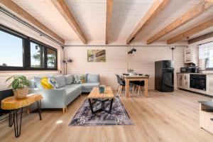 a living room with a couch and a table at Domki Skitnica in Mirsk +40 photos