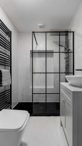 a bathroom with a shower and a toilet and a sink at Melbourne Place Apartment in Port Bannatyne