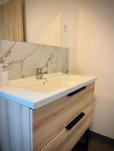 a bathroom with a white sink and a counter at Mozaik Apartman in Kalocsa