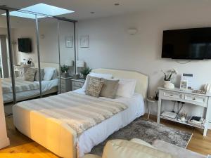 a bedroom with a large bed and a television at Garden Lodge, boutique - Walton on Thames in Walton-on-Thames