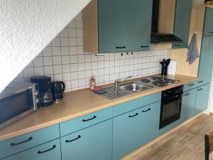 a kitchen with blue cabinets and a sink at Stefans Apartments C - 20 min bis DD Messe und Flughafen inkl Parkplatz in Willich +7 photos