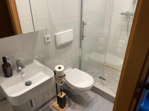 a bathroom with a toilet and a sink and a shower at Stefans Apartments C - 20 min bis DD Messe und Flughafen inkl Parkplatz in Willich