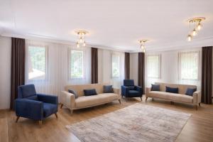 a living room with couches and chairs and windows at İmera Suite Otel in Uzungöl