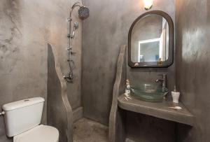 W łazience znajduje się umywalka, toaleta i lustro. w obiekcie Villa Argo, Feakia w mieście Agios Gordios