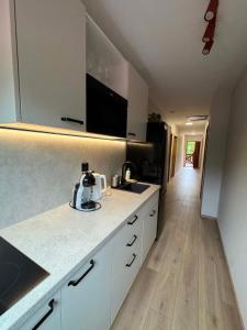 a kitchen with white cabinets and a counter top at Camper Park Radków - domki i pokoje in Radków