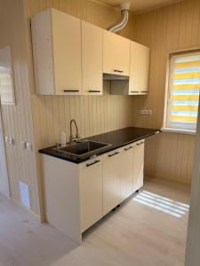 a kitchen with white cabinets and a sink at Panorama Hrytsulivka in Vorokhta