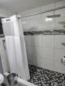 a bathroom with a shower curtain and a toilet at El Rinconcito in Santa Ana